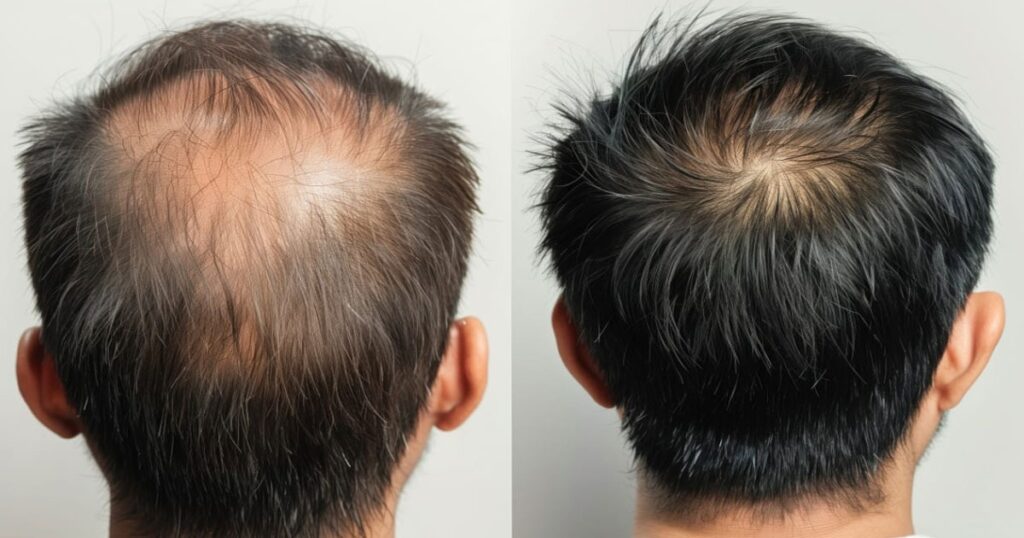 Before and after images of a hair transplant, showcasing significant hair restoration results from PRP treatment.