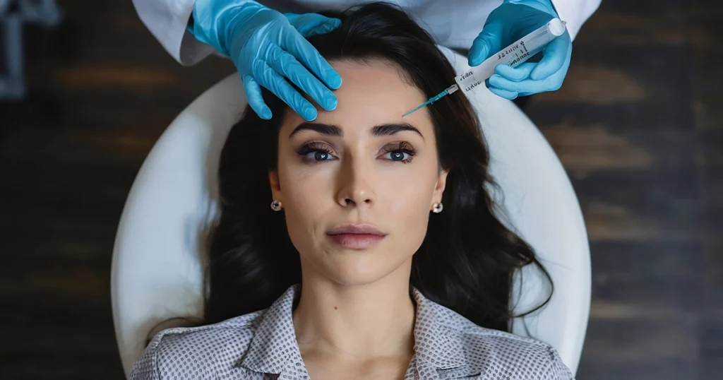 Woman receiving forehead Botox injection at clinic