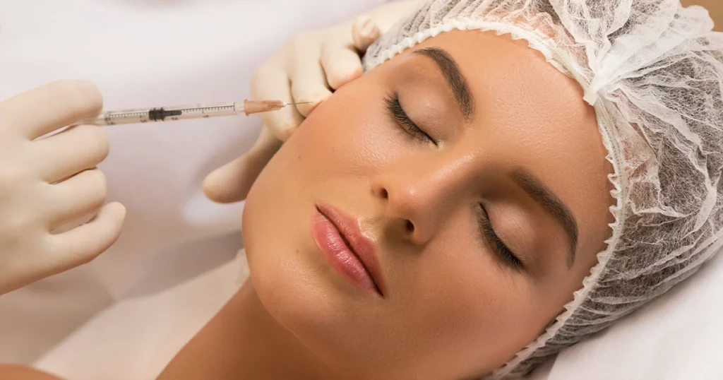 Woman receiving facial glutathione injection at clinic