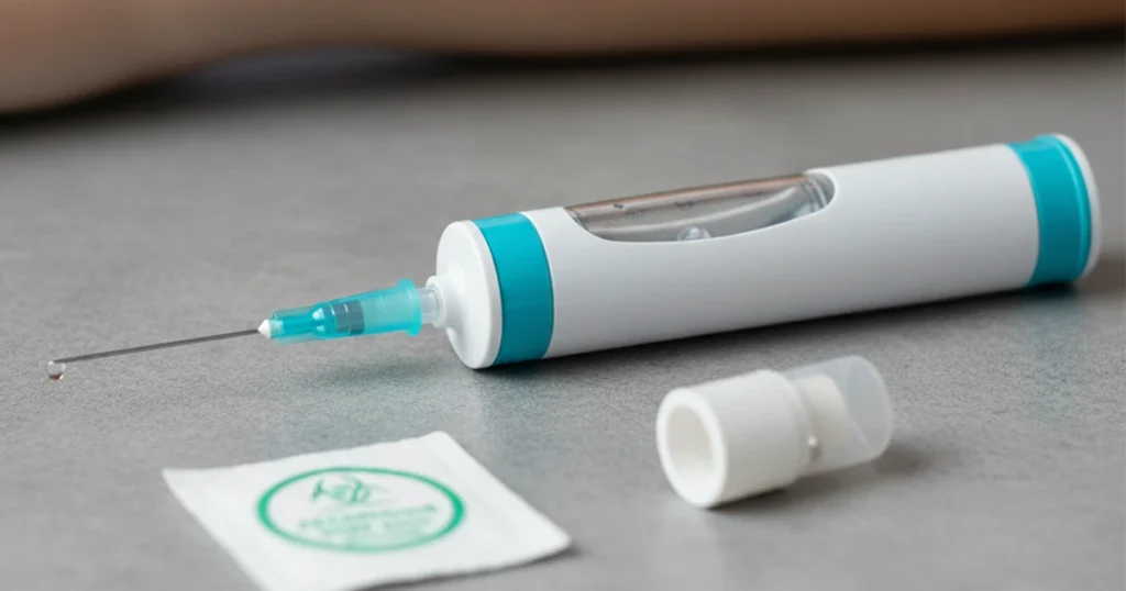 Injection pen with needle and cap on a Grey surface