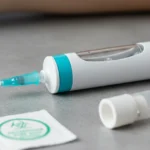 Injection pen with needle and cap on a Grey surface