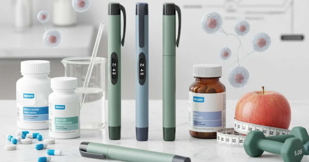 Medical supplies and wellness items displayed, suggesting a health regimen