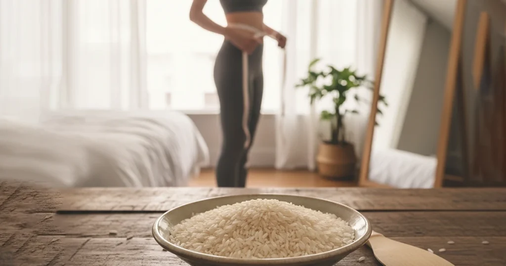 Bowl of uncooked rice with woman measuring waist in background
