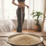 Bowl of uncooked rice with woman measuring waist in background