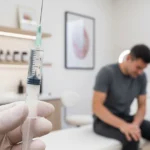 A person holding a syringe with a blurred man clutching his knee in pain